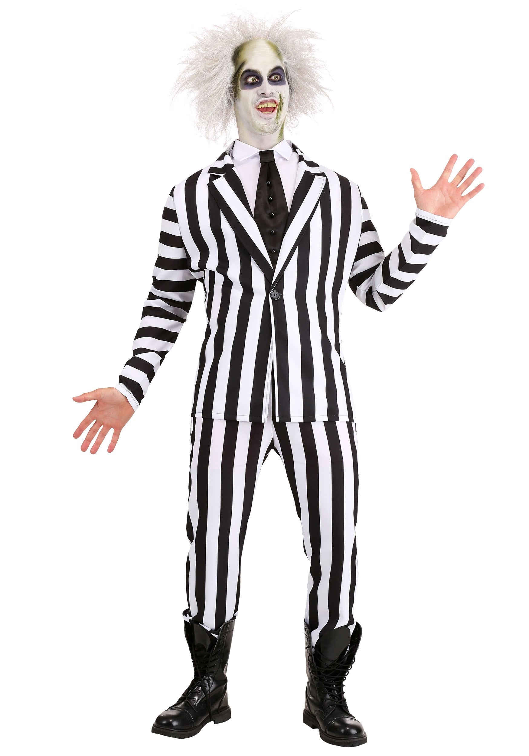 MENS HALLOWEEN CRAZY GHOST STRIPE SUIT AND BEETLEJUICE MASK FANCY DRESS COSTUME 