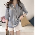 thumbnail image 2 of Camisa a rayas Blusa de verano para mujer Cuello redondo Top informal suelto, Azul claro, 4XL sidaley AP001549-24B, 2 of 7