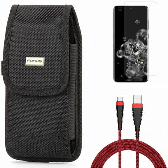 10ft USB Cable w Screen Protector w Case Belt Clip for Samsung Galaxy S20 Ultra - Type-C Charger Cord Power, Tempered Glass [Fingerprint Unlock] 3D Curved Edge, Swivel Holster fits Galaxy S20 Ultra