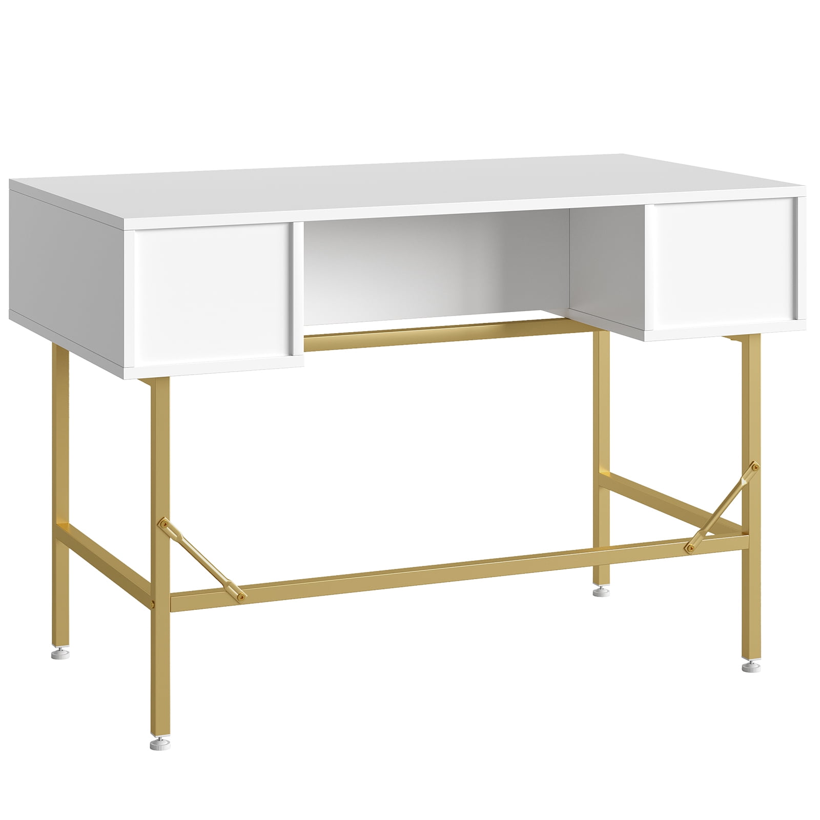 Bestier 47.6" Fluted Vanity Makeup Desk, Big Computer Writing Desk with 3 Drawers, White & Gold