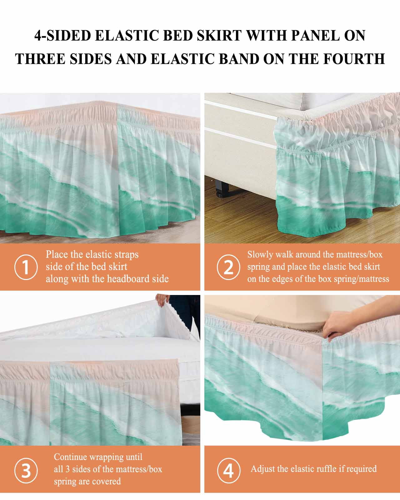 Teal Green Bed Skirt Gradient Sea Waves Sandy Beach Coastal Scenery Bed Skirts Queen Size 16 Inch Drop, Wrap Around Dust Ruffle&nbsp;Bedskirt with Adjustable Elastic Belt for Queen Size Beds