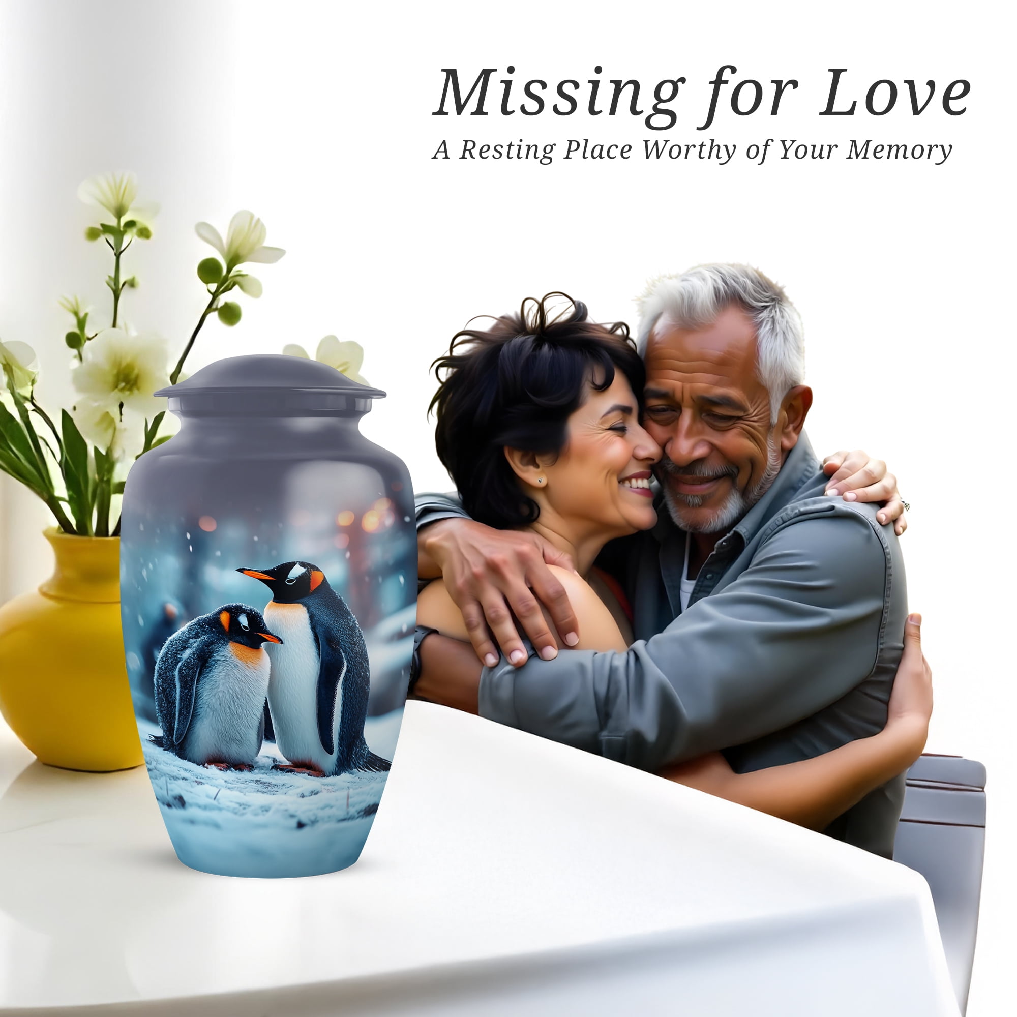 Penguins Cremation Urns For Human Ashes Adult Female Mom, Blue Urns For Human Ashes Man And Woman, Funeral Urn For Adults Male, Large Decorative Urn For Brother, 10 Inch