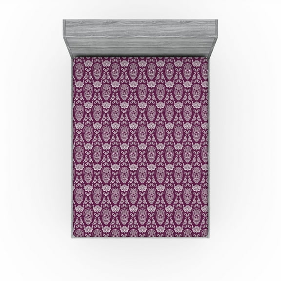 Ambesonne Skull Fitted Sheet, Skeleton Heads Floral Boho, California King, Purple and White