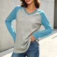 thumbnail image 4 of Color Block Raglan Sleeve V Neck Contrast Dark Green Sleeve Curved Hem Long Sleeve Casual Baseball Tee for Women Spring Fall Basic Layering Top, 4 of 7