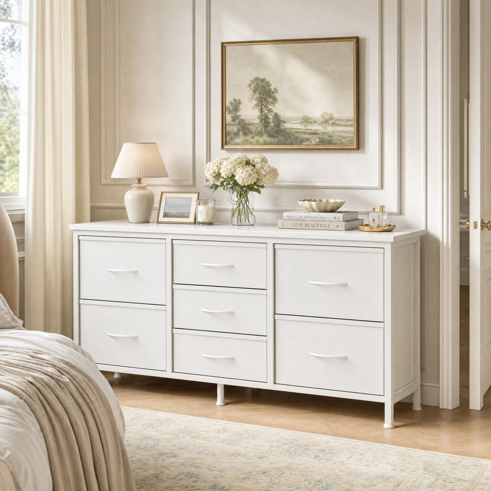 Telyra 7-Drawer Dresser with Wood Shelf, Sturdy Metal Frame, Versatile Media Console Dresser for Bedroom, White