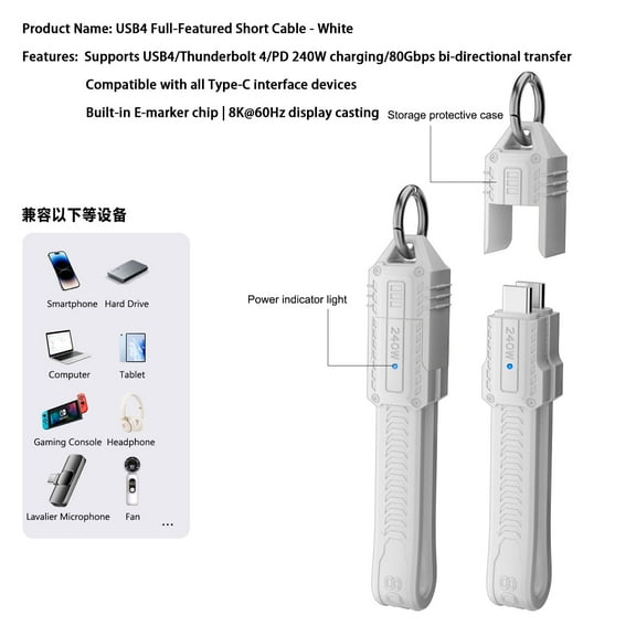 Strhowill 1 Pack 240W USB C Cable,80Gbps USB4 2.0 Type-C to C,8K@60Hz & PD, Fast Charging & Data Transfer for Smartphone,Tablet,Laptop,Hard Drive（White）