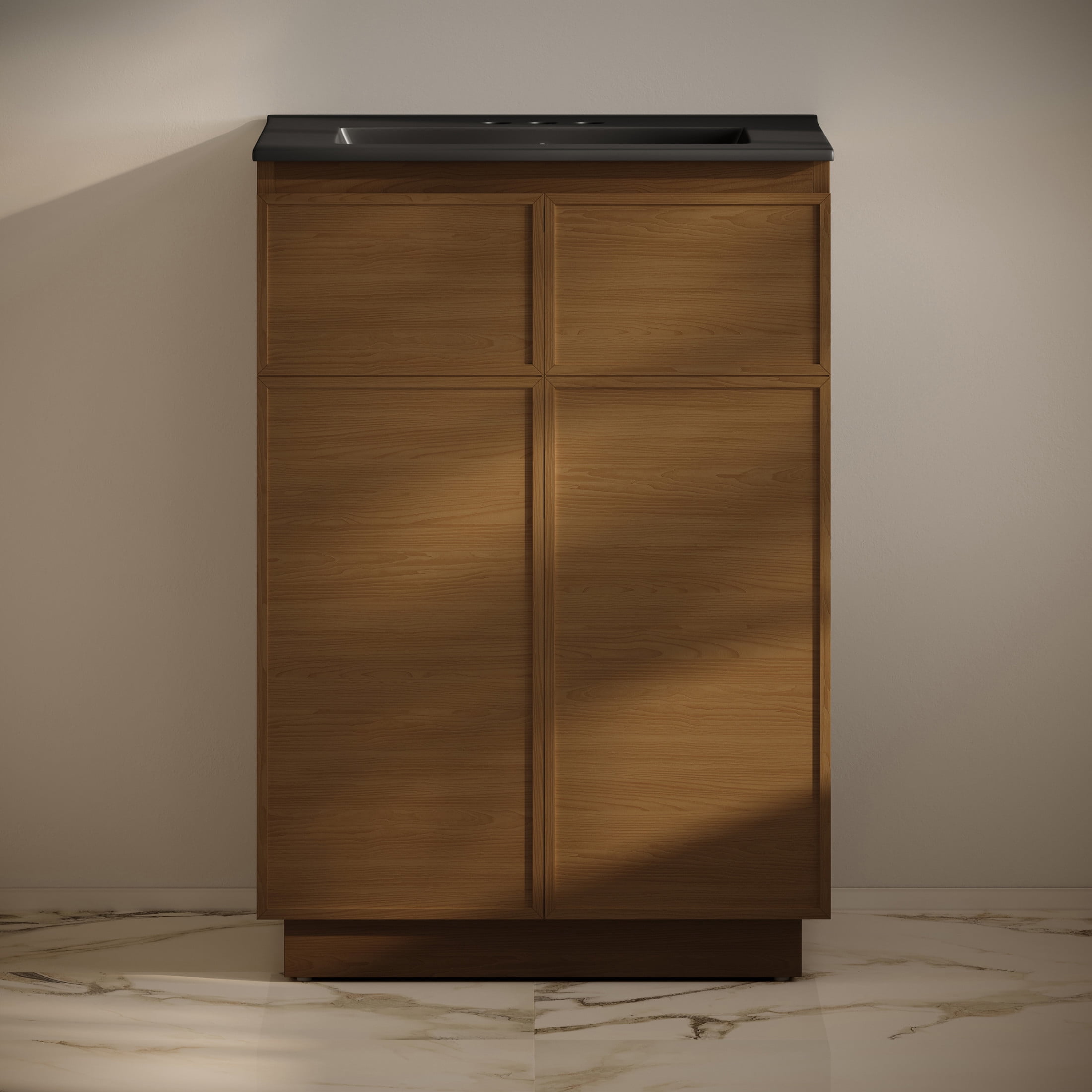 St. Tropez 24" Freestanding Bathroom Vanity in Brown Oak with Black 3-Hole Centerset Sink Top