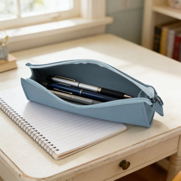 Artificial Leather Zipper Pencil Case - Stylish Stationery Pouch Slim Portable Pen Storage Bag for Office Home Desk Stationery Daily Arrangement