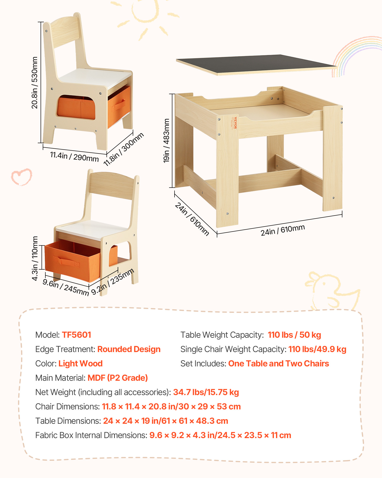 VEVOR Kids Table and 2 Chairs Set, Toddler Table and Chair Set with Storage Space under the Table, Cloth Storage Box under the Chairs, Wooden Desk for Art, Craft, Reading, Learning, Drawing