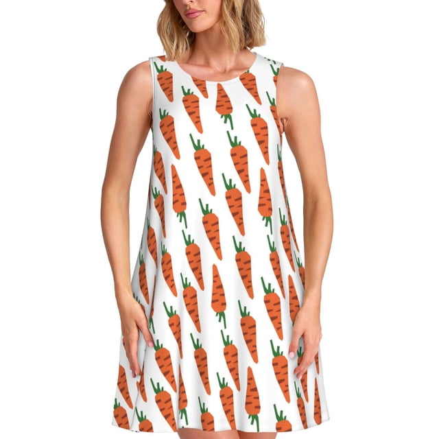 Vsdgher Robes d'Été Imprimé Carotte pour Femmes Robe de Plage Décontractée Col en U Sans Manches Robe d'Été Ample avec Poche