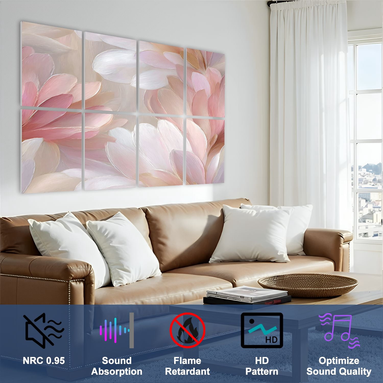 8 Pack Art Acoustic Panels Sound Absorbing Soft Pink White Floral Decorative Soundproof Wall Panels Self Adhesive for Nursery Game Room Bedroom 48"x32"