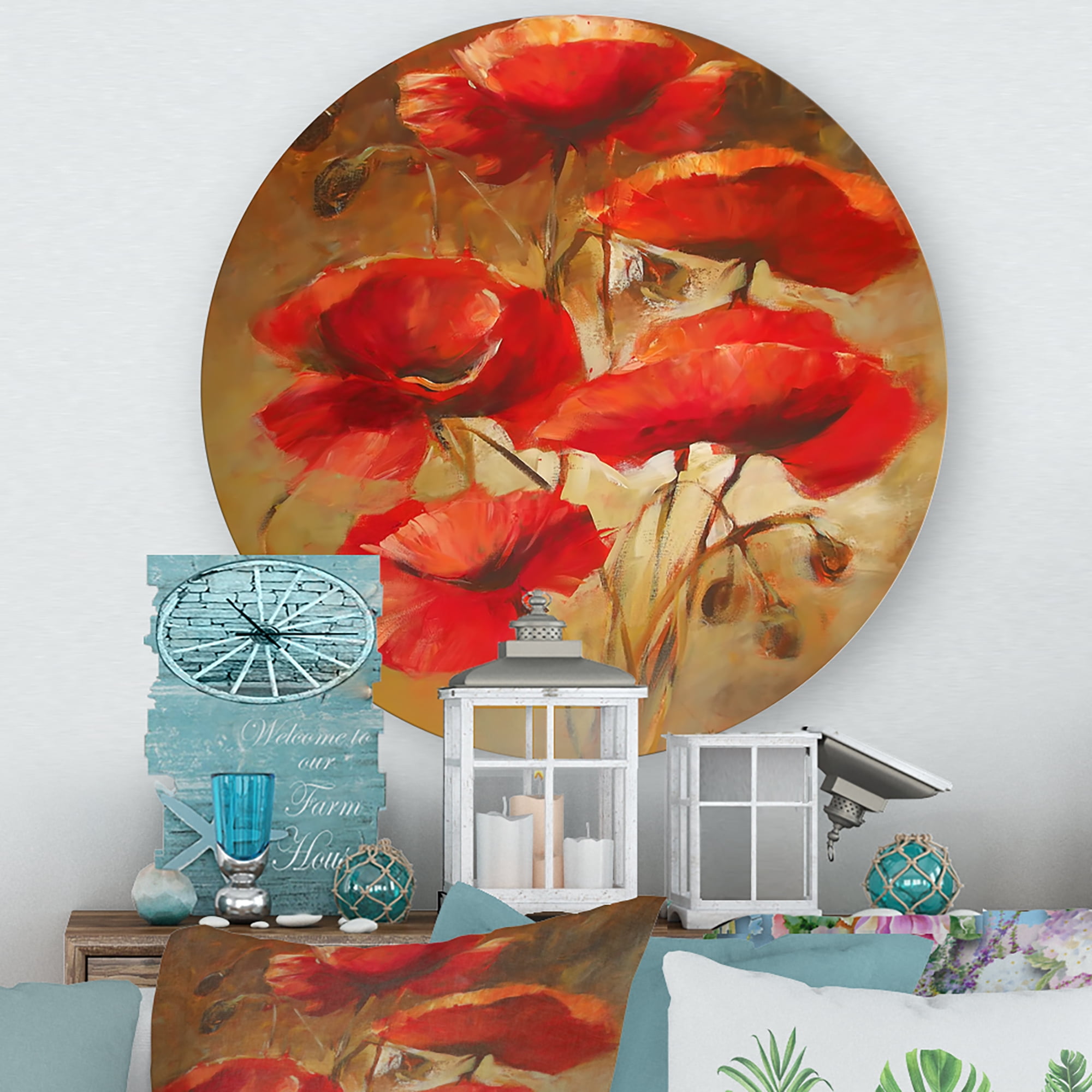 Designart 'Red Blossoming Poppies Over Wild Brown I' Traditional Circle Metal Wall Art 23x23 - Disc of 23