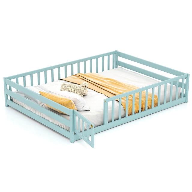 Costway Full Size Floor Bed with Full Length Safety Guardrails & Door for Boys, Girls Icy Aqua