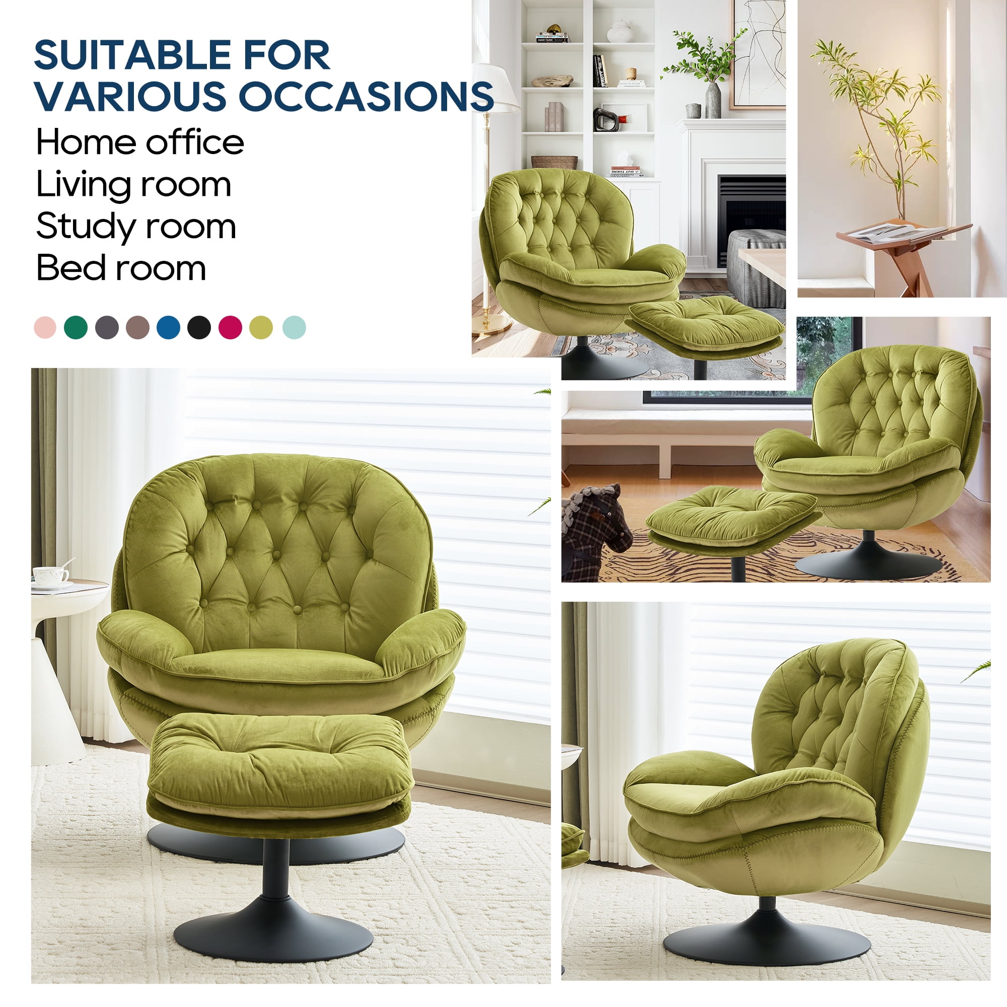 Comfort Stretch Velvet Swivel Accent Chair with Ottoman Round Reading Chair with Foot Stool Set Apple Green