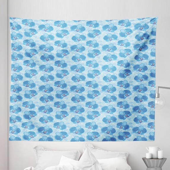 Flower Tapestry, Delicate Orchid Flowers with Abstract Curled Leaves Romantic Botany, Fabric Wall Hanging Decor for Bedroom Living Room Dorm, 5 Sizes, Pale Blue Blue and White, by Ambesonne