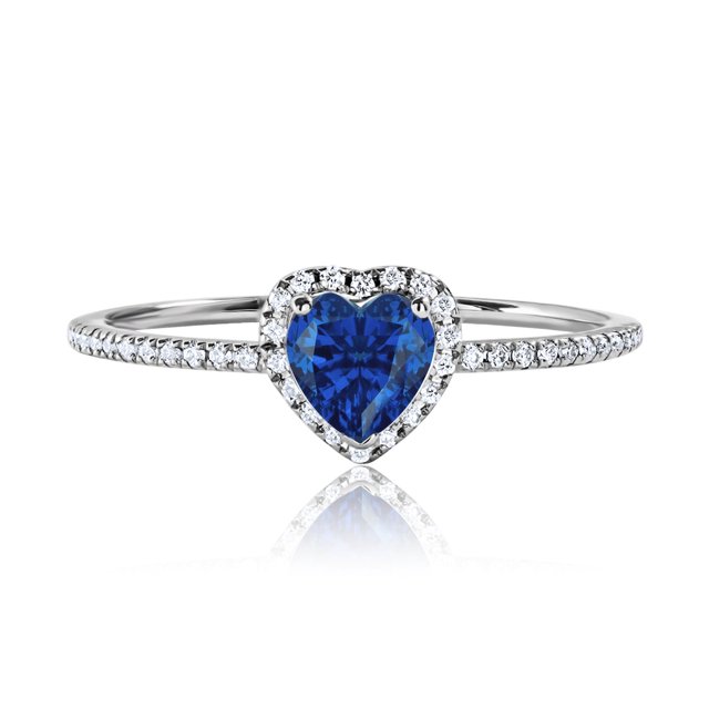 JeenMata Anillo de Bodas de Oro Blanco de 18 K sobre Plata con Zafiro Azul (Piedra Natal de Septiembre) en Forma de Corazón de 1 Quilate
