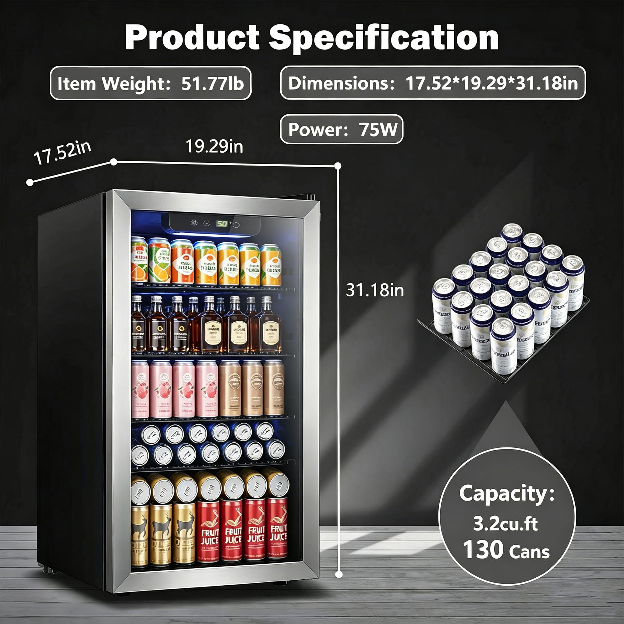 Auseo 3.2 Cu.ft Beverage Refrigerator, 120 Can Mini Fridge with Glass Door, Wine Cooler for Bar/Office/Home