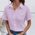 thumbnail image 6 of Caywon Women's Summer Short Sleeve Button Down Collared Shirt with pair Front Chest Patch Pockets and loose form Curved Hemline for Daily Casual Wear, 6 of 7