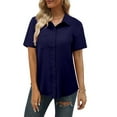 thumbnail image 3 of ONLYSHE Women's Button Up V-Neck Casual Office Business Blouses Plain Tops Short Sleeve Blue T Shirts, 3 of 5