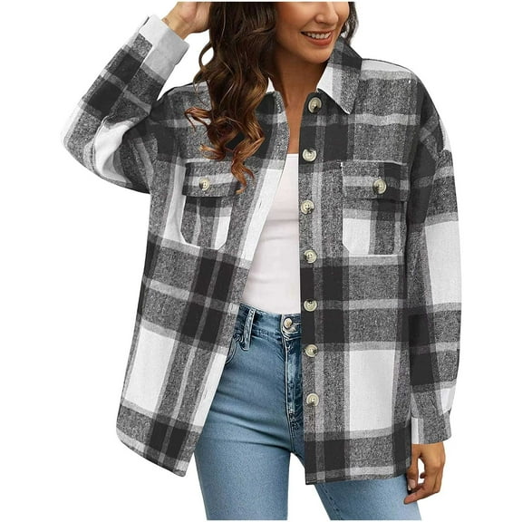 Light Jackets For Women Sevevn Womens Flannel Plaid Shacket Jacket Button Down Tartan Trench with Pocket Long Sleeve Cropped Fashion Coat