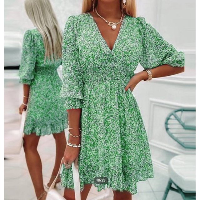 New Mid length Dress Waist Pullover Bohemian Printed Short Sleeve Fragmented Flower
