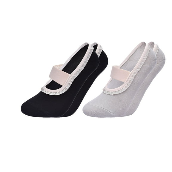 Women's Ballet Style Grip Socks with Ruffle Trim and Cross Strap Anti-Slip Sole Yoga and Pilates 2-Pack - One Size Fits Most, Black Gray