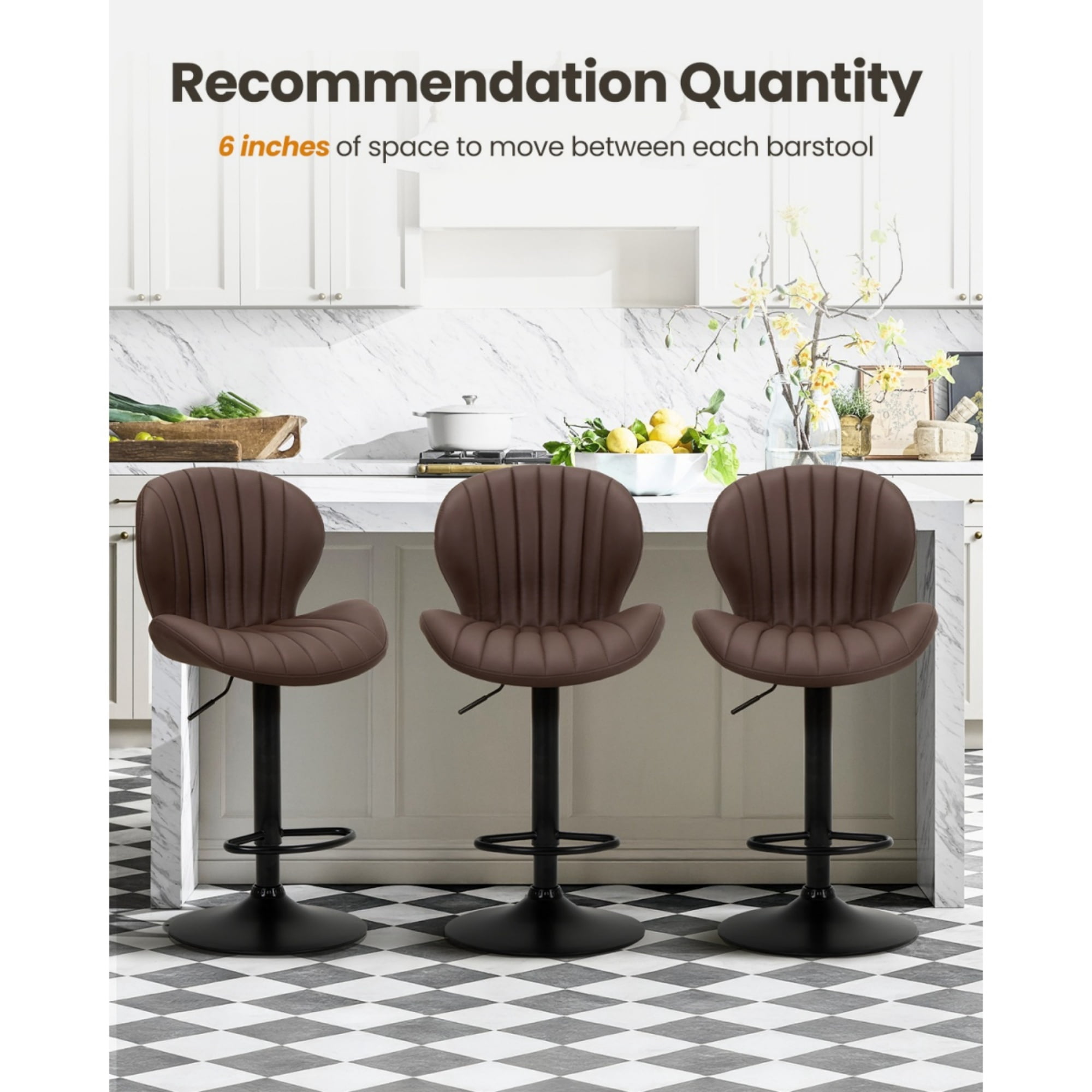 EOP Swivel Bar Stools Set of 2, Modern Upholstered Adjustable Height Counter Stools with Footrest, Faux Leather Upholstered BarStools with Metal Frame, Bar Chairs with Backrest, Brown