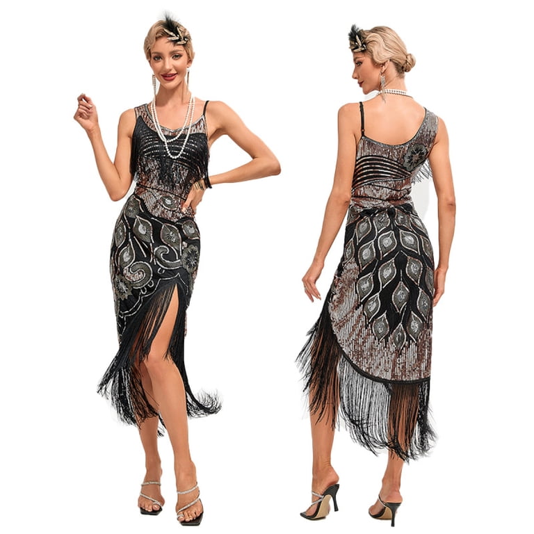 black and gold tassel dress Queendancer Women Gatsby Dress Spaghetti Straps Black Golden Fringes 1920s  Dress with Sequins – queendancer