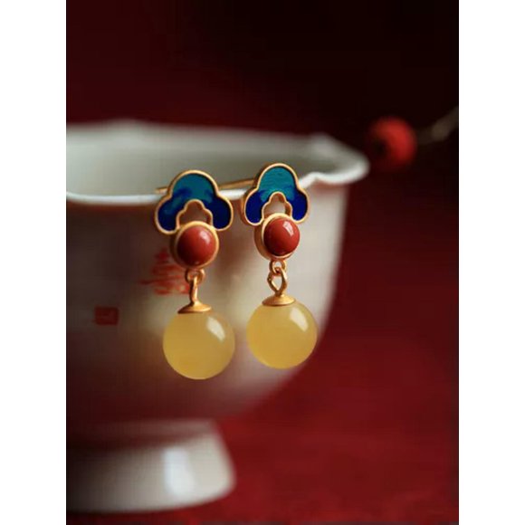 HOOUN Blue Amber Beaded Earrings Ear Studs Jewelry Women Natural 925 Silver Fashion