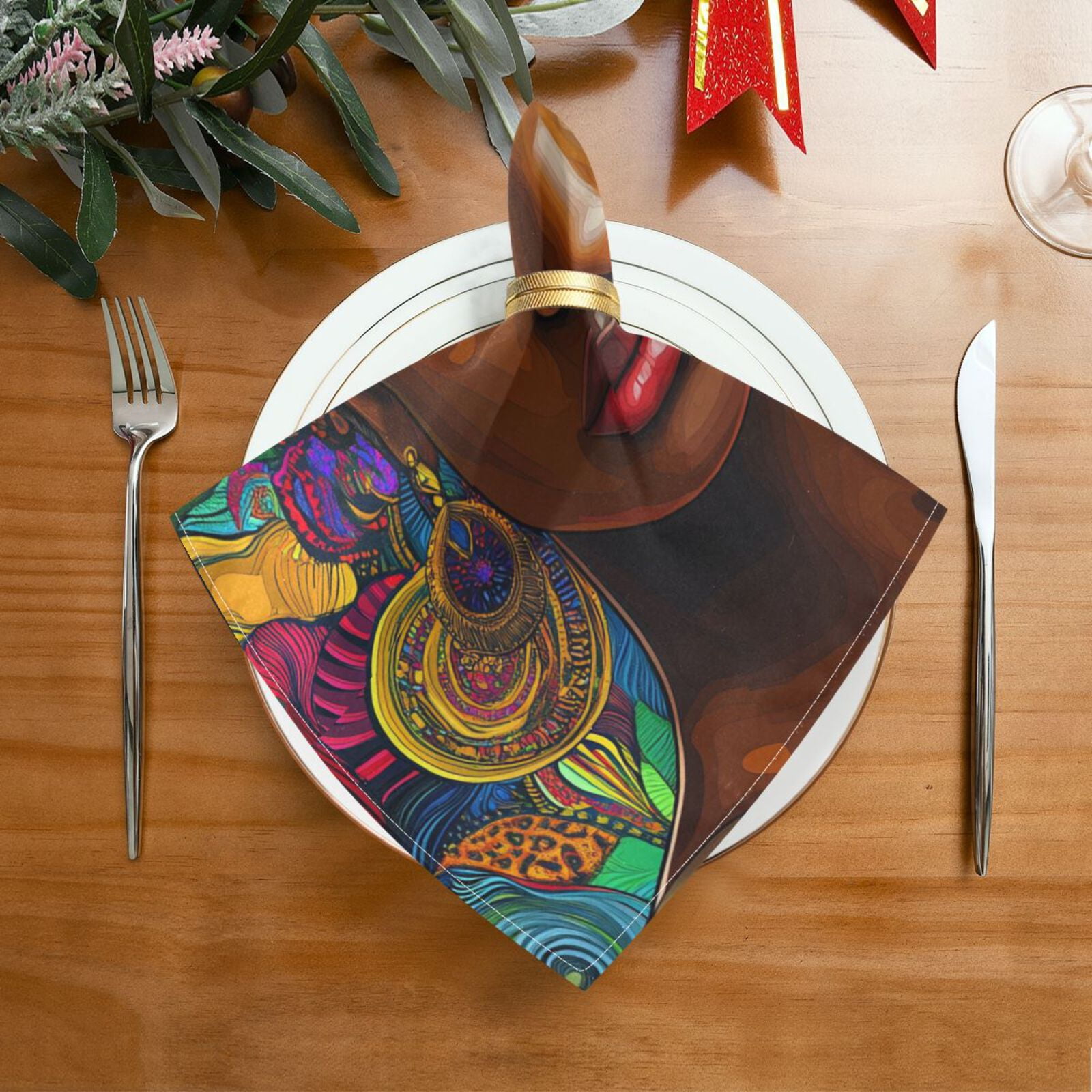 JSTEL African American Woman Bohomian Cloth Napkins Set of 6, 20x20 Inch Washable and Reusable Napkin for Decoupage Dinner Party Everyday Use