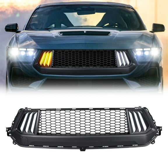 AMERICAN MODIFIED Knife Style Front Upper Grille W/ LED DRL and Turn Signals Matte Black ABS Material for 2024  Ford Mustang