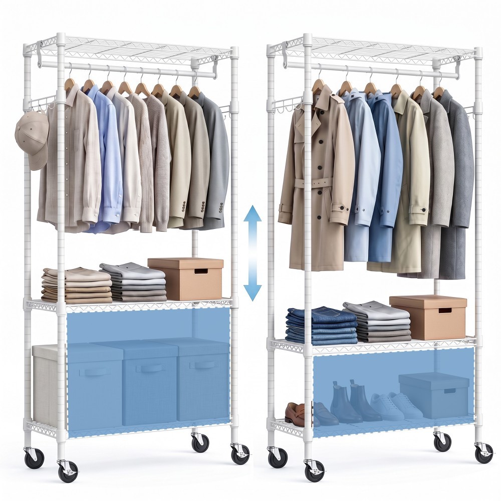Heavy Duty Rolling Garment Rack, 3-Tier Adjustable Wire Shelving Clothes Rack with Hanging Rod, Side Hooks & Lockable Wheels, White