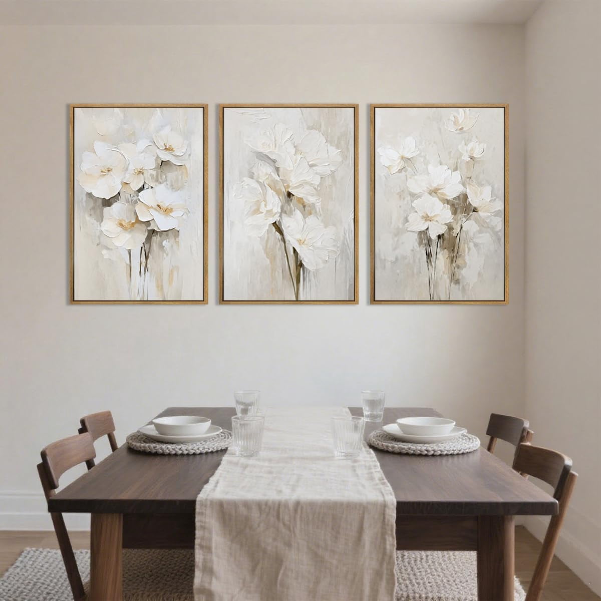 Beige Floral Wall Art Neutral Flower Wall Decor for Living Room Bedroom Dining Room 16x24 Inch Set of 3