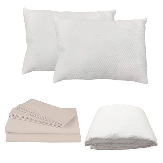 Protector Spring Air Matrimonial + Sábanas Basic Crema + Almohada Frosty 2