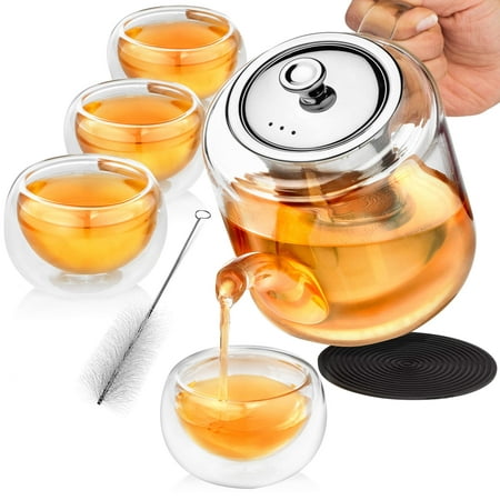 Glass Teapot Set with Infuser for Loose Tea - 1100ml Stove Top Safe Borosilicate Clear Glass Tea Pot with 4 Small Tea Cups, Silicone Trivet, & Cleaning Brush | Perfect Tea Set for Gift or
