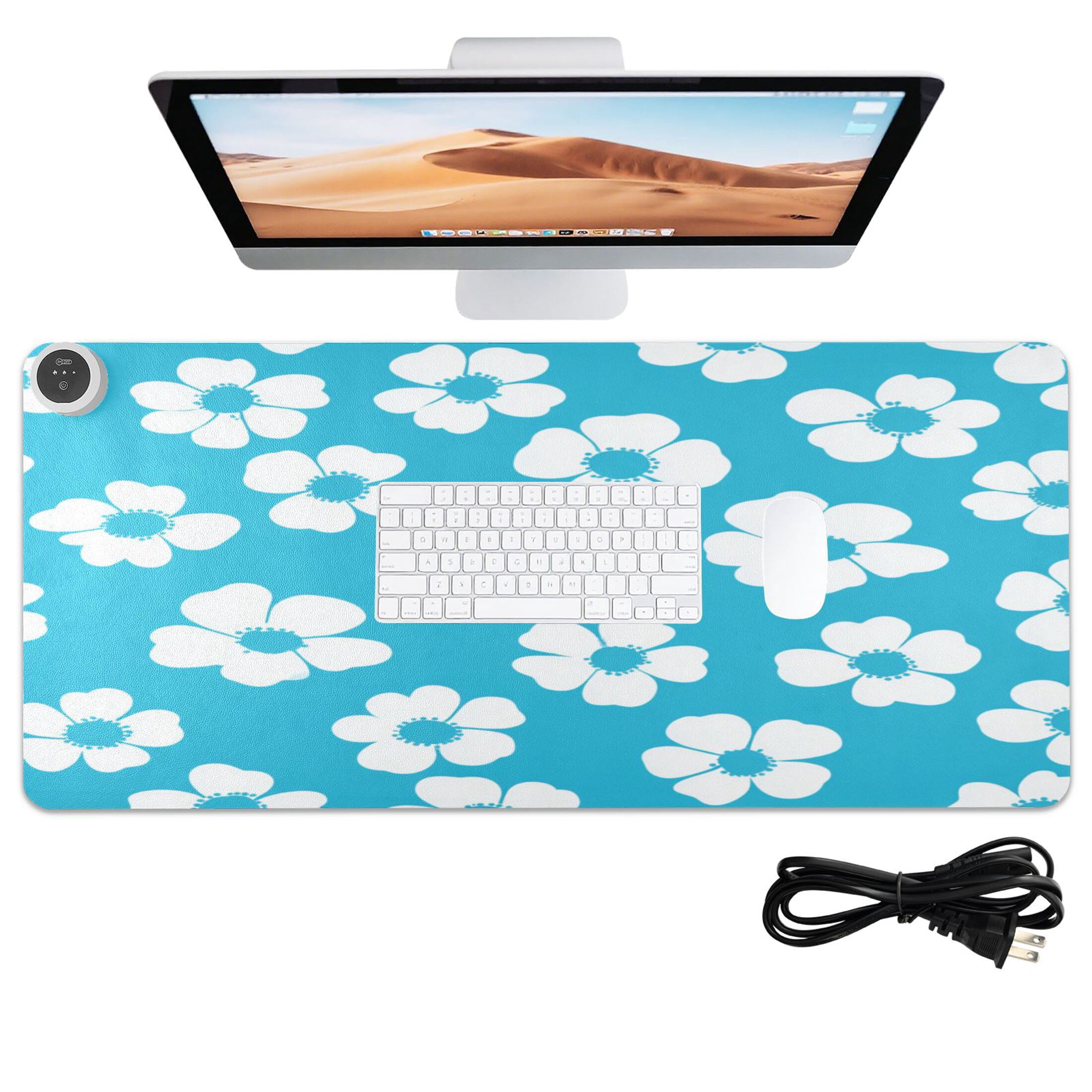 Large Heated Desk Mat Mouse Pad 31.5"x13"PU Leather Graphene Heating Desk Warmer with 3 Temperature Settings 110V US Plug Non-Slip Warm Pad for Home, Office, and Gaming Turquoise White Daisy Floral