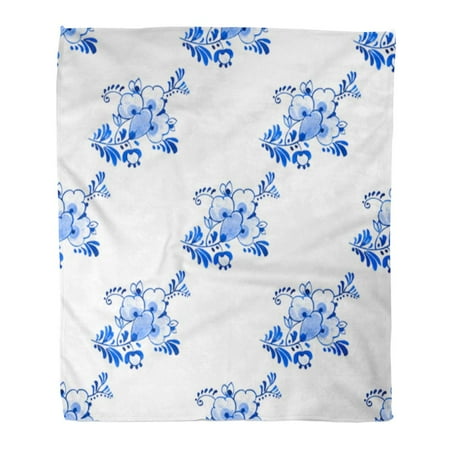 Antique Dutch Delft - ASHLEIGH Flannel Throw Blanket Antique Delft Blue Watercolour Traditional Dutch Floral Flowers Soft for Bed Sofa and Couch 58x80 Inches