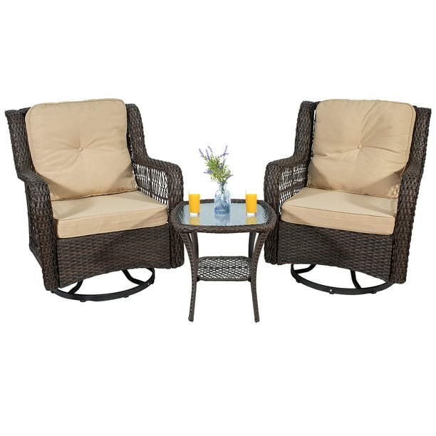 3 Piece Patio Wicker Bistro Set of 2 and Side Table,360 Degree Swivel