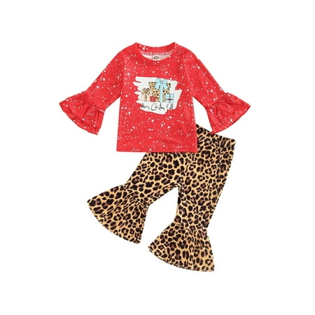 

FOCUSNORM Kid Girls Christmas Pants Set Long Sleeve Present Print T-shirt Leopard Print Flare Pants