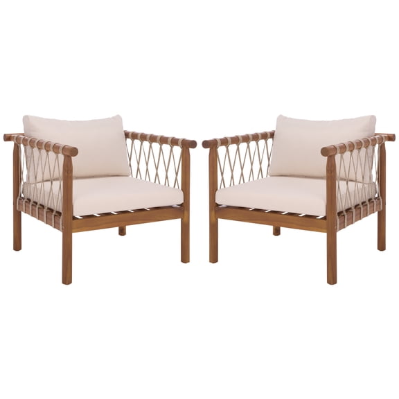 Safavieh Sabrina Modern Wood Outdoor Armchair - Set of 2, Teak Brown/Cream