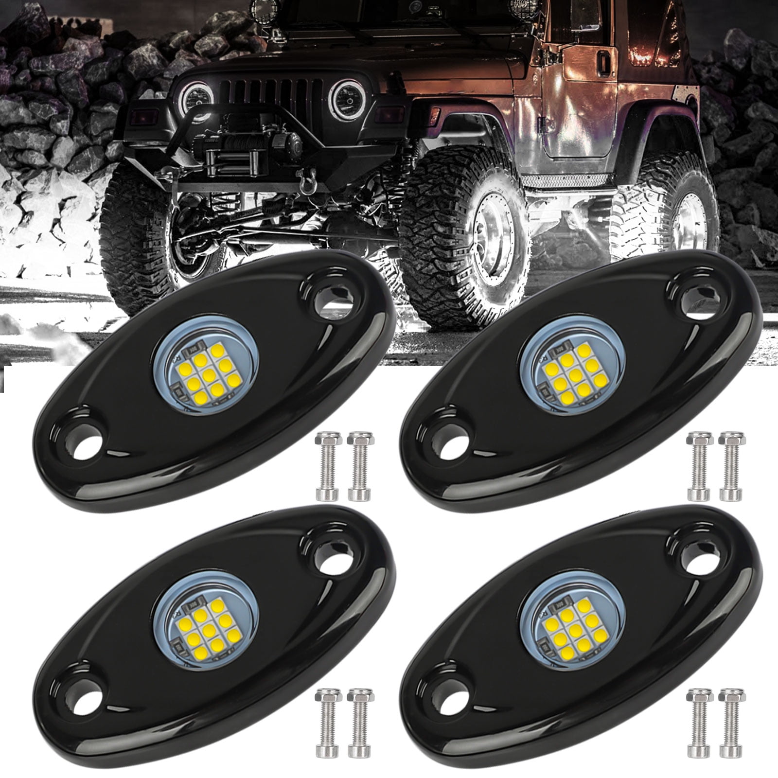 4PCS White LEDMIRCY LED Rock Lights White Kit for JEEP Off Road Truck Auto Car Boat ATV SUV Waterproof High Power Underbody Neon Trail Rig Lights Underglow Lights Interior Exterior Shockproof 