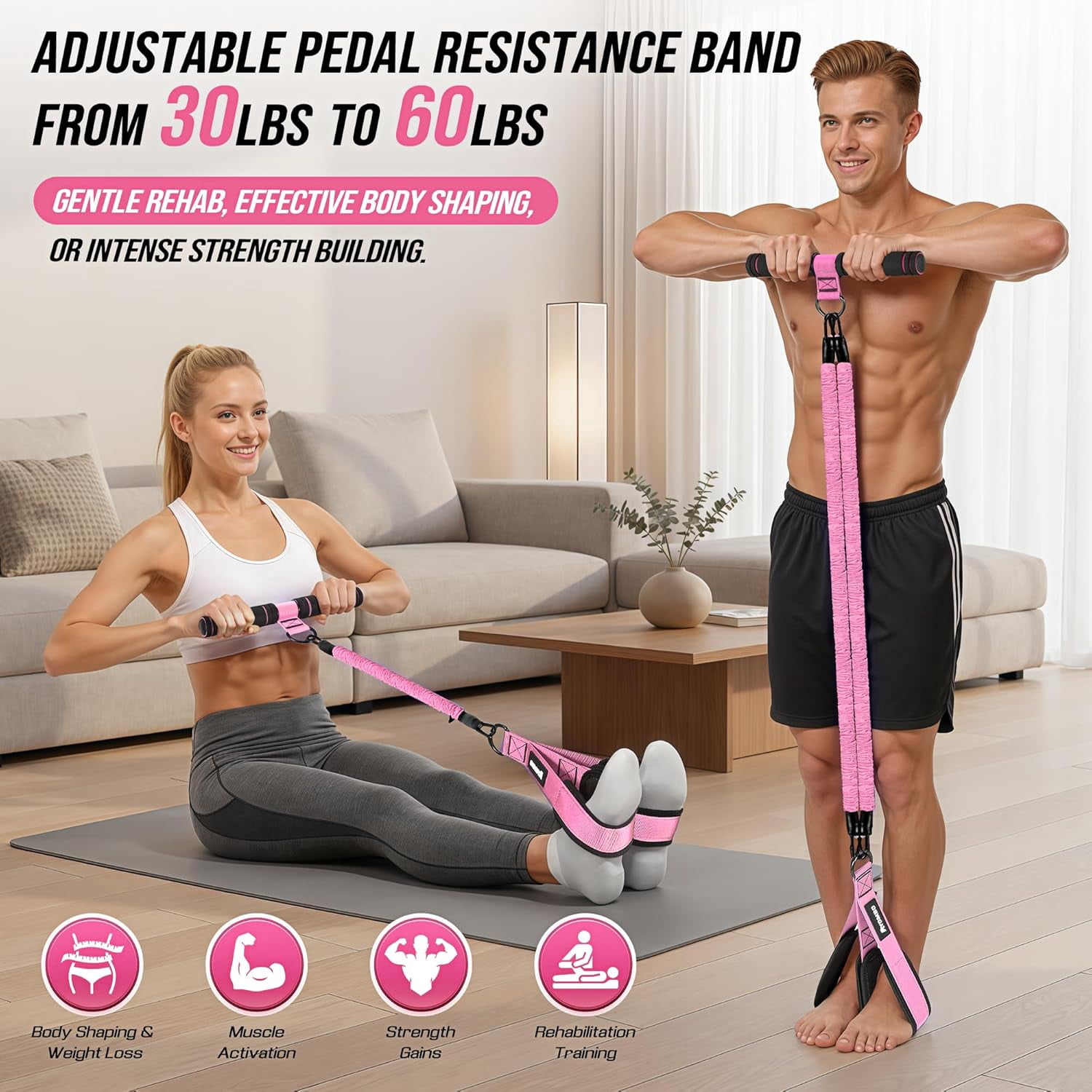Upgrade Pedal Resistance Band with Handle, Adjustable Tube Foot Pedal Device Puller Exercise Bands, for Abs Arm Leg Waist Workout, Core Pilates, Sit Up Fitness Equipment for Full Body Training