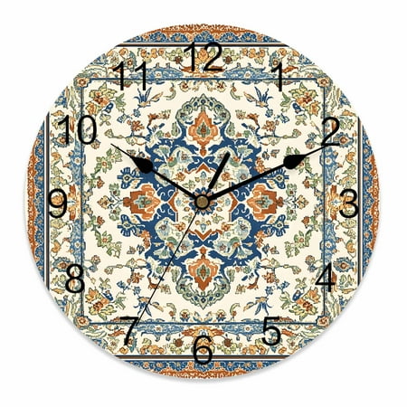 Silent Wall Clocks Battery Operated, Boho Vintage Round Decorative Wall Clock for Living Room Bedroom Kitchen Bathroom Classroom Decor, 14 Inch Ethnic Tribal Aztec Floral Pattern Beige