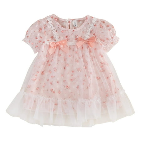 

Toddler Girls Short Sleeve Bow Lace Dress Floral Prints Princess Dress Clothes