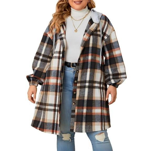 Cuteduck Women Plus Size Plaid Hooded Button Up Shirt Fall Shacket Long Sleeve Lightweight Fashion Coat 1X-4X