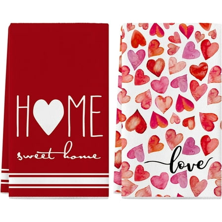 YIBAGA Valentines Day Kitchen Towels Set of 2, Sweet Home Love Dish Towels, Dishcloth Decorations, 18x26 inch, Polyester