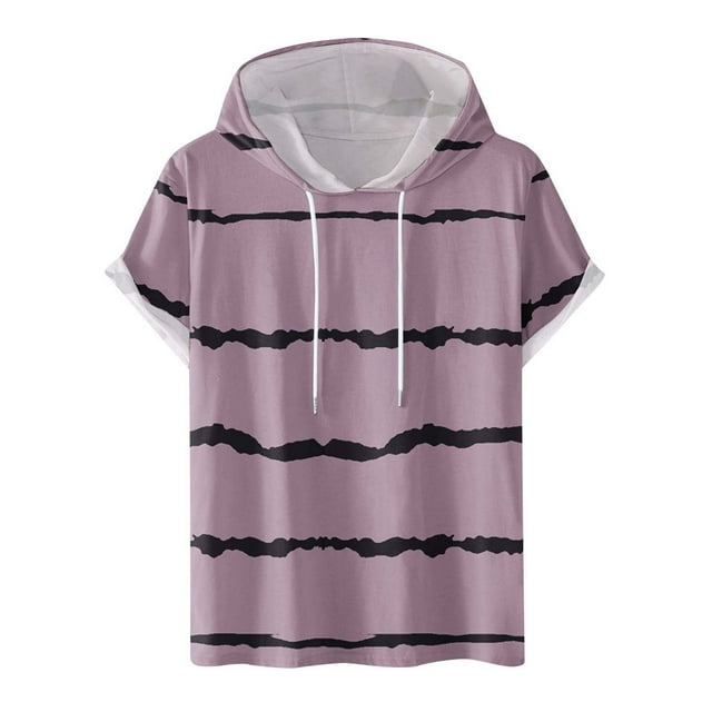 FAIWAD Men's Short Sleeve Hoodies Sweatshirt Striped Print Drawstring Athletic Lightweight Hoodies Tops