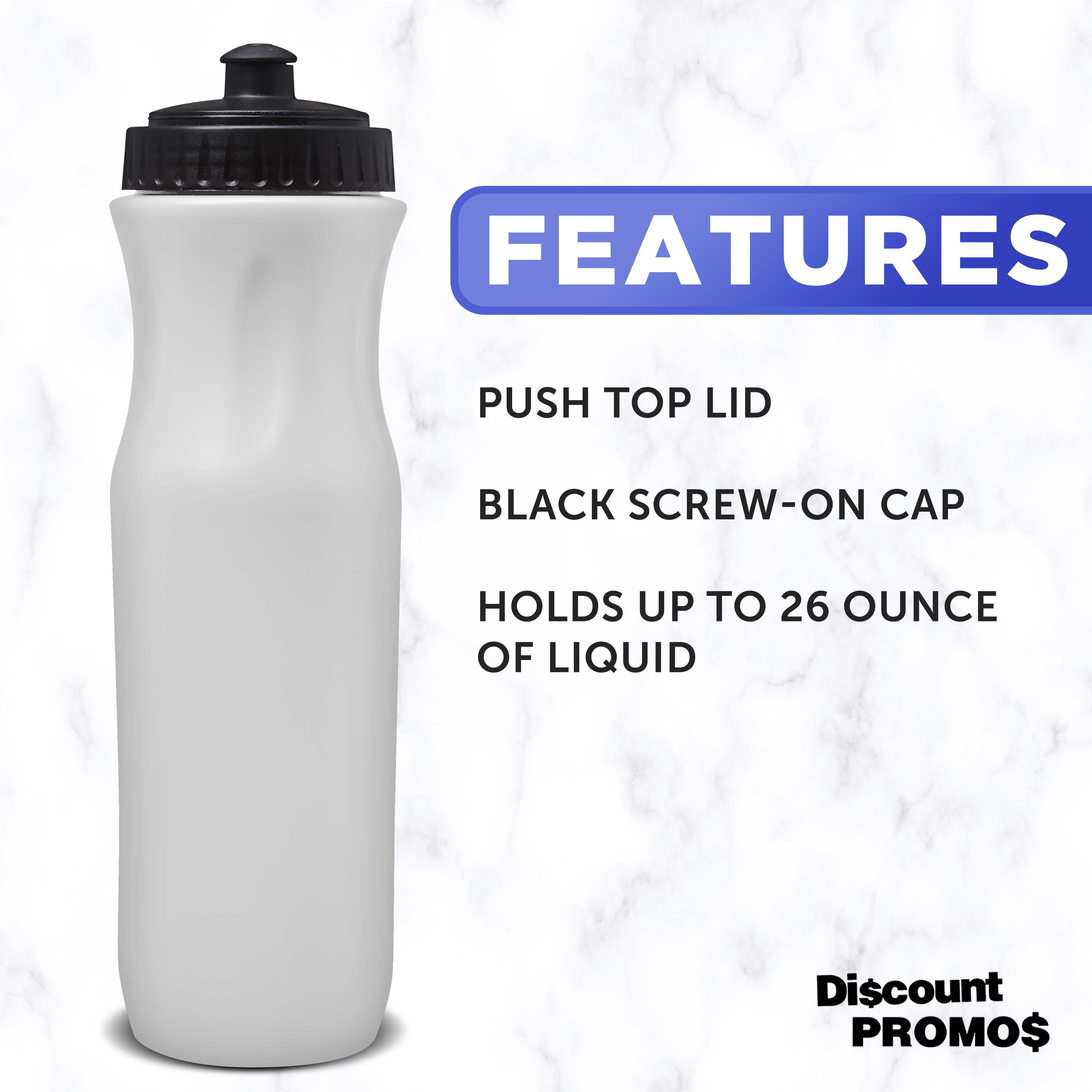 10 Plastic Water Bottles Set, 26 oz. - Black Push Top Lid - White