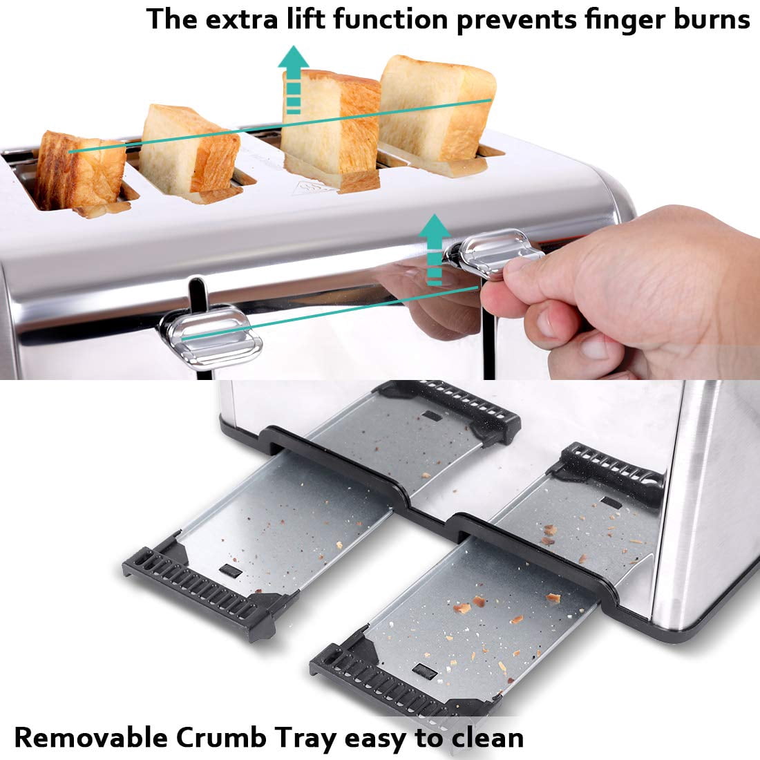 Stainless Steel CUSIMAX 4-Slice Toaster: Extra-Wide Slots, Ultra-Clear LED Display & 6 Shade Settings (Dual Control Panels + Cancel/Bagel/Defrost + Removable Trays)