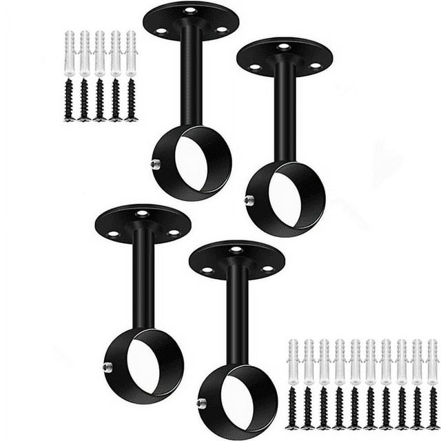 LNGOOR Ceiling Curtain Rod Bracket Heavy Duty Curtain Rod Holder Stainless Steel Matte Black Ceiling Curtain Rods Hooks Hangers Fit for 1 1/4 Inch Drapery Poles Set of 4
